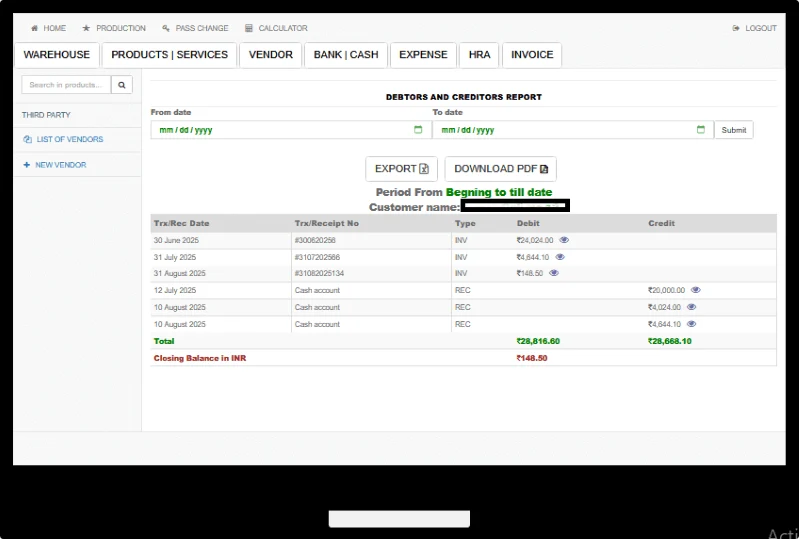 Debtor and creditor report