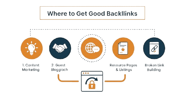 Backlink strategy infographic - guest posts, broken links, resource pages